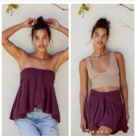 Free People Gauze Crinkle Cotton Convertible Mini Skirt Smocked Strapless Top - Picture 1 of 3